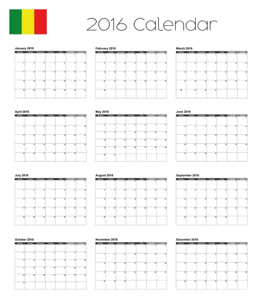 Calendrier 2016 avec le drapeau du Mali — Image vectorielle