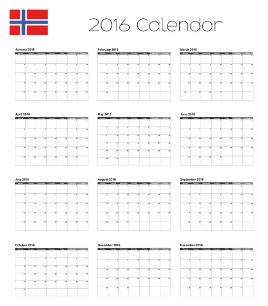 Calendrier 2016 avec le drapeau de la Norvège — Image vectorielle