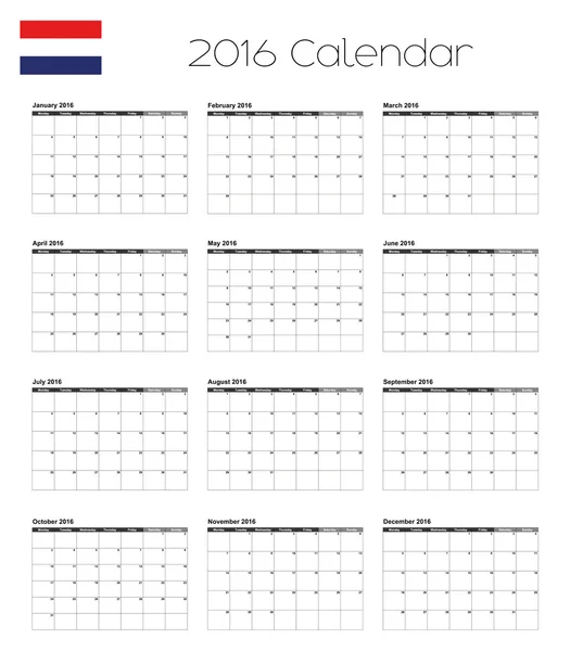 2016 kalendář s vlajkou Nizozemska — Stockový vektor