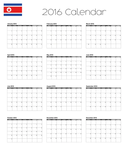 Kalendarz 2016 z banderą Korei Północnej — Wektor stockowy