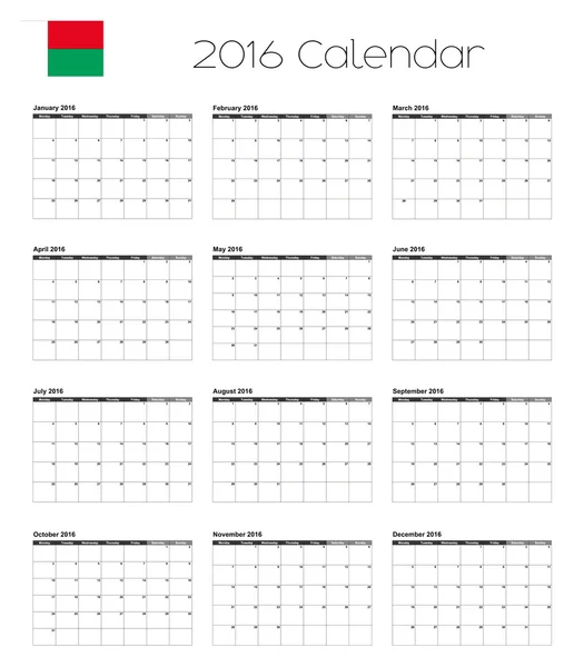 Calendário 2016 com a Bandeira de Madagascar — Vetor de Stock