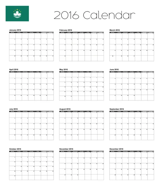 Calendario 2016 con la Bandera de Macao — Vector de stock