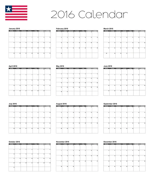 2016 kalender met de vlag van Liberia — Stockvector