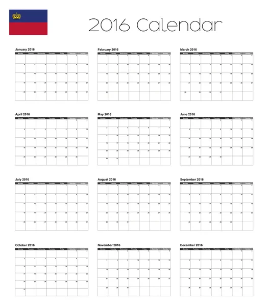 Calendario 2016 con la bandera de Liechtenstein — Vector de stock