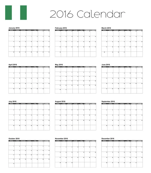 Calendrier 2016 avec le drapeau du Nigeria — Image vectorielle