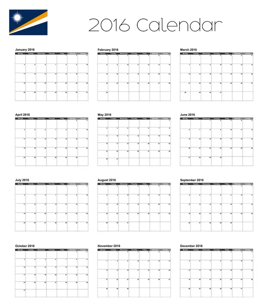 2016 日历与马绍尔群岛旗帜 — 图库矢量图片