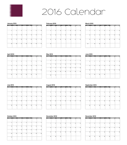 Calendrier 2016 avec le drapeau du Qatar — Image vectorielle