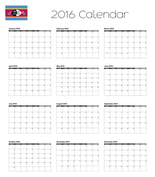Calendario 2016 con la Bandera de Swazilandia — Vector de stock