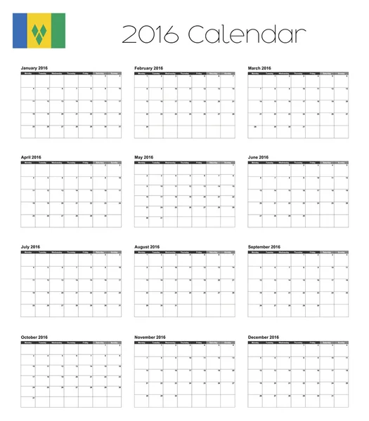 Calendario 2016 con la Bandera de San Vicente y las Granadinas — Vector de stock