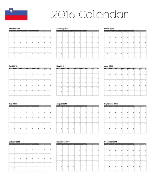 Calendrier 2016 avec le drapeau de la Slovénie — Image vectorielle