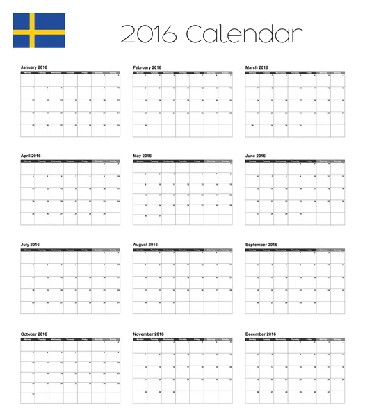 Kalendarz 2016 z flaga Szwecji — Wektor stockowy