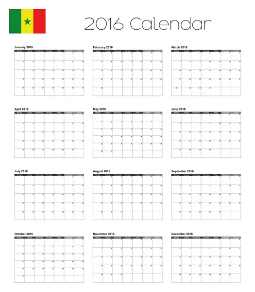Calendário 2016 com a Bandeira do Senegal —  Vetores de Stock