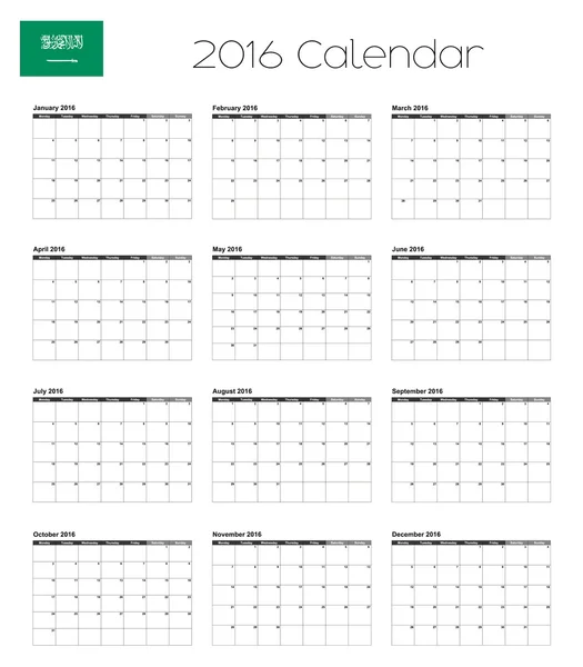 2016 Calendar with the Flag of Saudi Arabia — Stock Vector