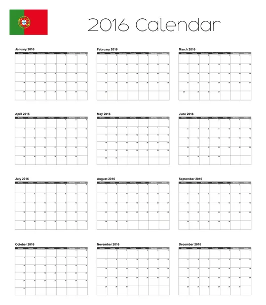 Calendário 2016 com a Bandeira de Portugal — Vetor de Stock