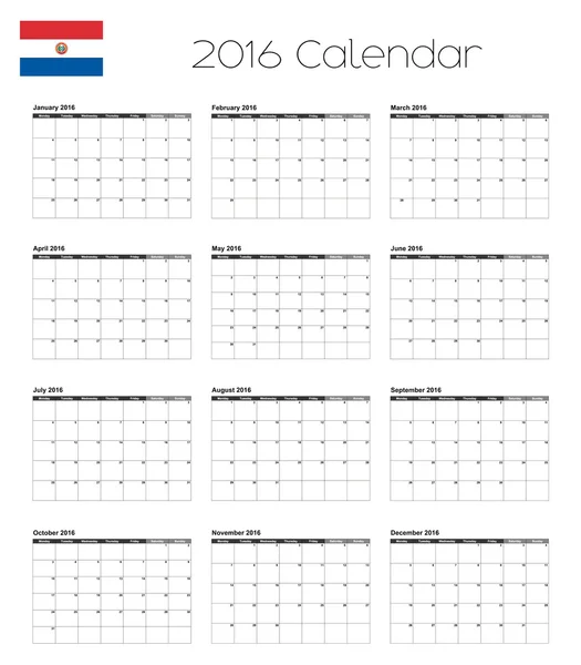 Kalendarz 2016 z Flaga Paragwaju — Wektor stockowy