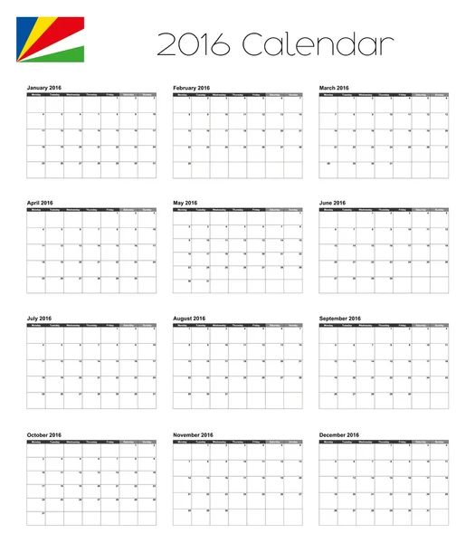 2016 Calendar with the Flag of Seychelles — Stock Vector