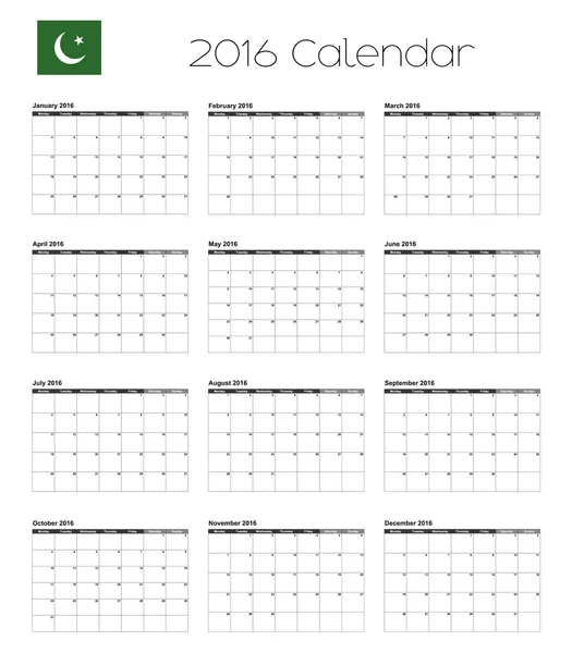 Calendrier 2016 avec le drapeau du Pakistan — Image vectorielle