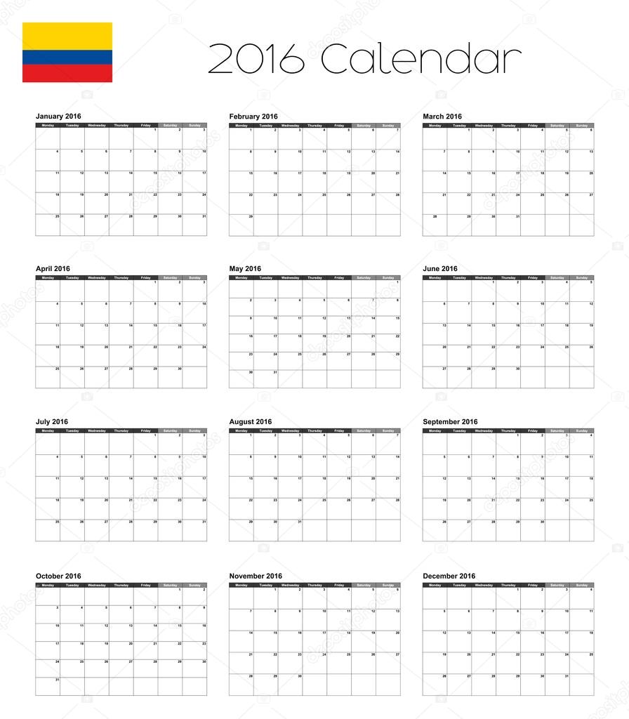 2016 Calendar with the Flag of Colombia