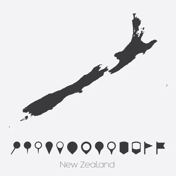 Map with pointers of the country of New Zealand — Stock Vector