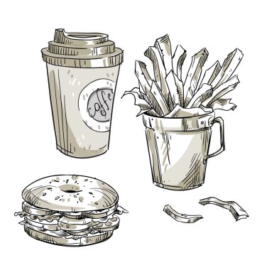 Öğle Yemeği. Fast food. Paket servisi olan restoran. Vektör çizimi. 