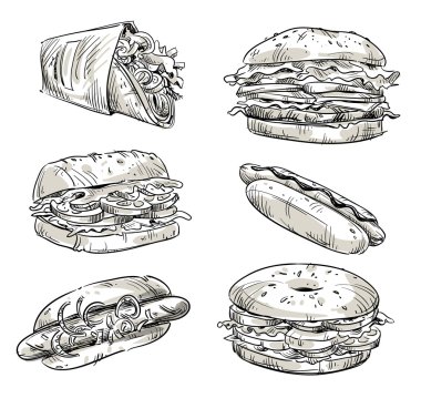 Sandviç. Fast food. Abur cubur. Vektör çizimi. 