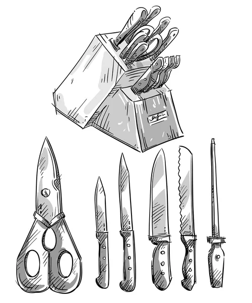 Set of knives. Kitchen utensils. Vector sketch — Stock Vector