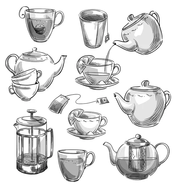 Set de tazas de té y teteras. Boceto vectorial . — Vector de stock