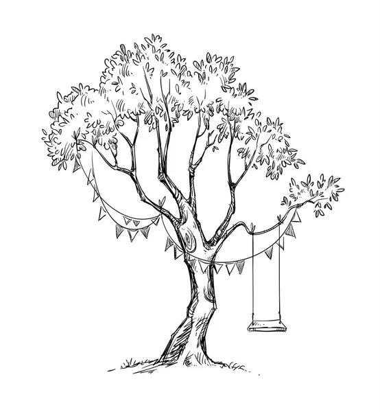 Tree and swing. Vector sketch. — Stock Vector