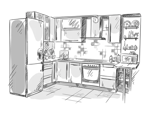 Рисунок интерьера кухни, векторная иллюстрация — стоковый вектор
