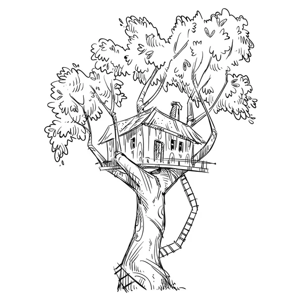 Casa sull'albero. Illustrazione vettoriale, disegnata a mano — Vettoriale Stock