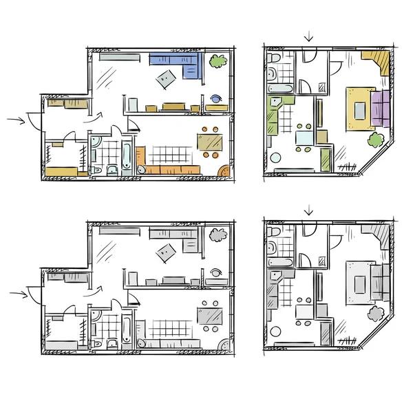 Wohnungsgrundriss mit Möbeln, Vektorskizze — Stockvektor