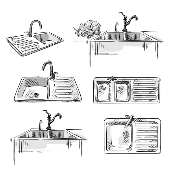 Set di lavelli da cucina. Illustrazione del vettore disegnato a mano . — Vettoriale Stock