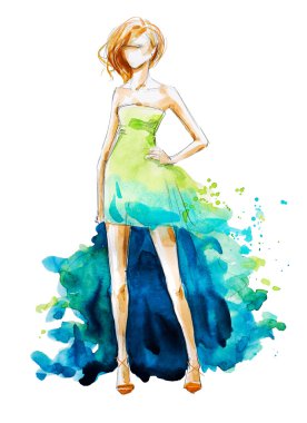 Suluboya moda illüstrasyon, el boyalı
