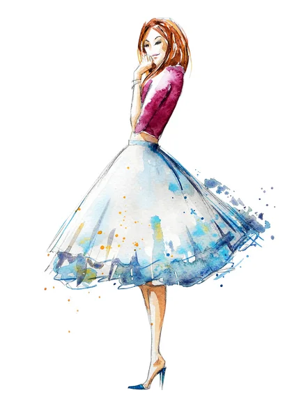 Watercolor fashion illustration isolated on white background Freehand  sketch of beautiful young girl in a long fluttering purpleviolet dress  Evening cocktail dress Stage and dance wear Catwalk Stock Illustration   Adobe Stock