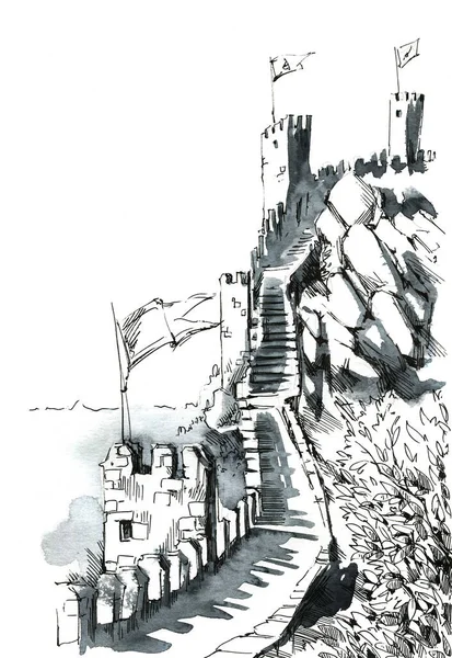 Antike Festung Außenmauern Tinte Illustration — Stockfoto