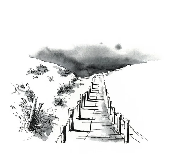 Pathway Beach Sand Dunes Ink Illustration — Stock Photo, Image