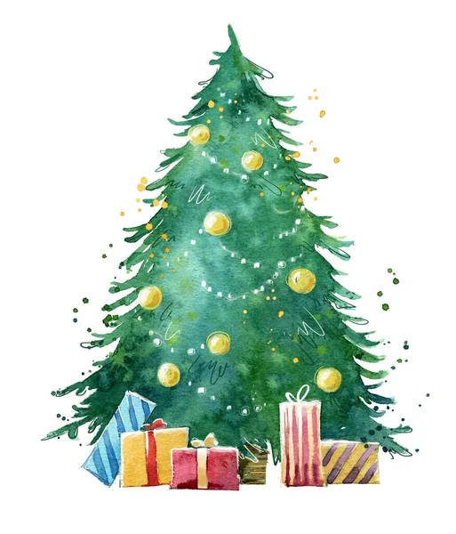 Geschmückte Traditionelle Weihnachtsbaum Aquarell Illustration Von Hand Bemalt — Stockfoto