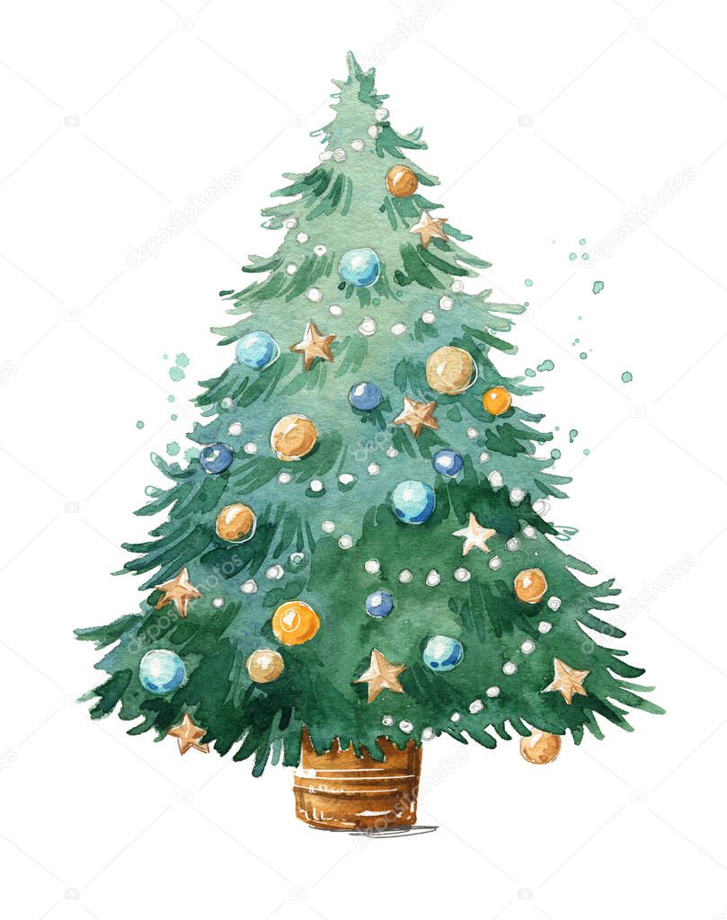 Decorated traditional Christmas tree watercolor illustration hand painted