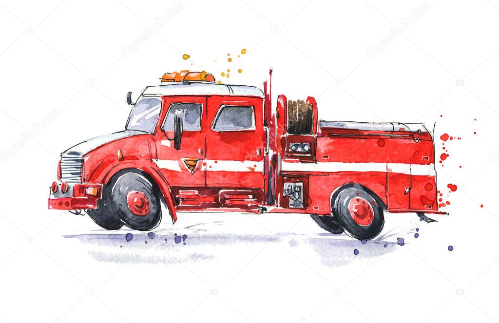 Watercolor red fire truck on call hand painted illustration 