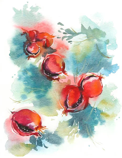 Ripe Pomegranate Tree Watercolor Background Hand Painted — Stock Photo, Image