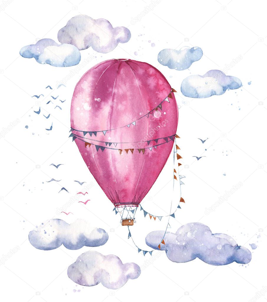 Watercolor hot air baloon soaring in the air among clouds 
