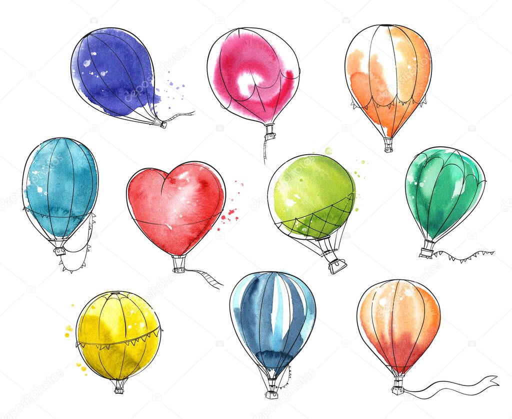 Set of colorful watercolor hot air baloons 