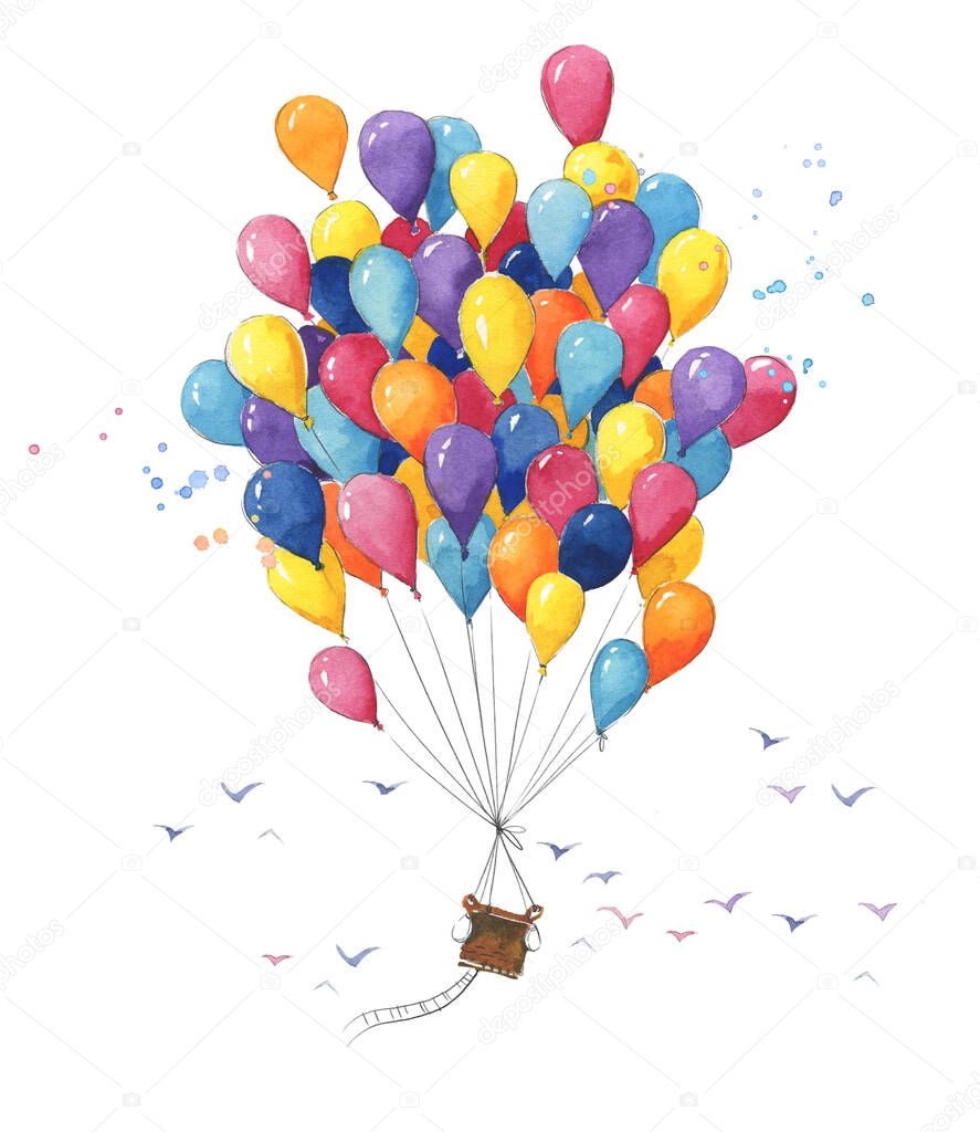 colorful watercolor hot air baloon made of many small  air balloons soaring in the sky 