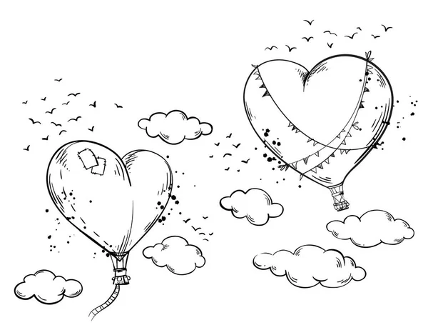 Globos Aire Caliente Forma Corazón Elevan Aire Entre Las Nubes — Archivo Imágenes Vectoriales