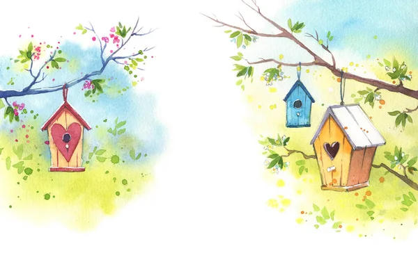 Dřevěné Ptačí Budky Kvetoucí Stromy Jaře Akvarel Ilustrace — Stock fotografie
