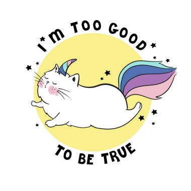 Magic unicorn cat who is too good to be true flying on yellow background 