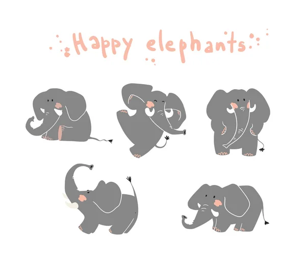 ベクトル フラット イラストの周りで遊んでいる幸せな象 — ストックベクタ