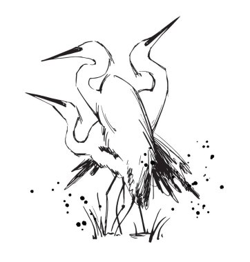 Üç balıkçılın çizgi çizimi vektör illüstrasyonunda gözenle duruyor 