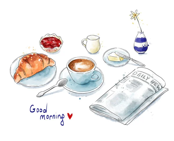 完璧な朝だ 白に隔離された新聞と朝食の配置 水彩画のスタイルのイラスト — ストック写真