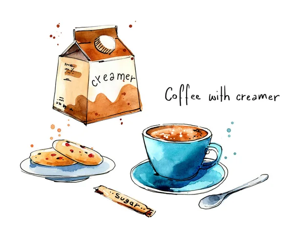 Coffee serving. Coffee with creamer and cookies watercolor sketch